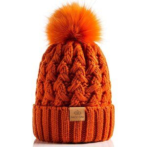Women’s Orange Winter Ribbed Beanie Hat Chunky Cable Knit Pompom Warm